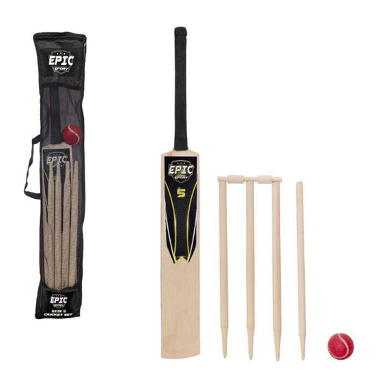 A cricket set including a wooden bat, stumps, and a ball, all placed on a carry bag with the brand 'Epic' visible on the bat.