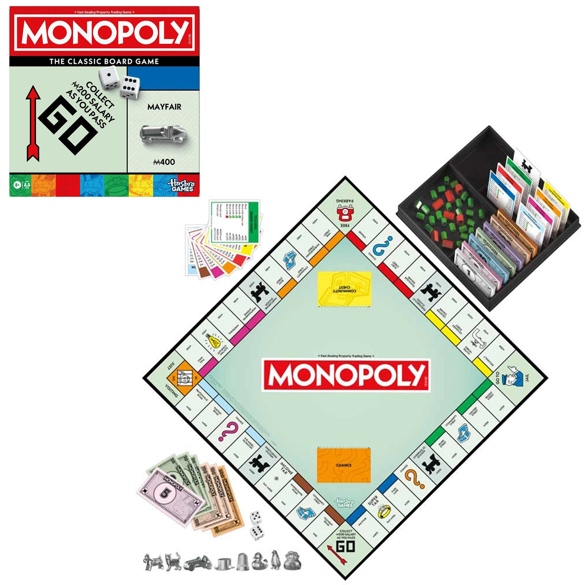 Monopoly board game set with pieces, money, and cards on a white background