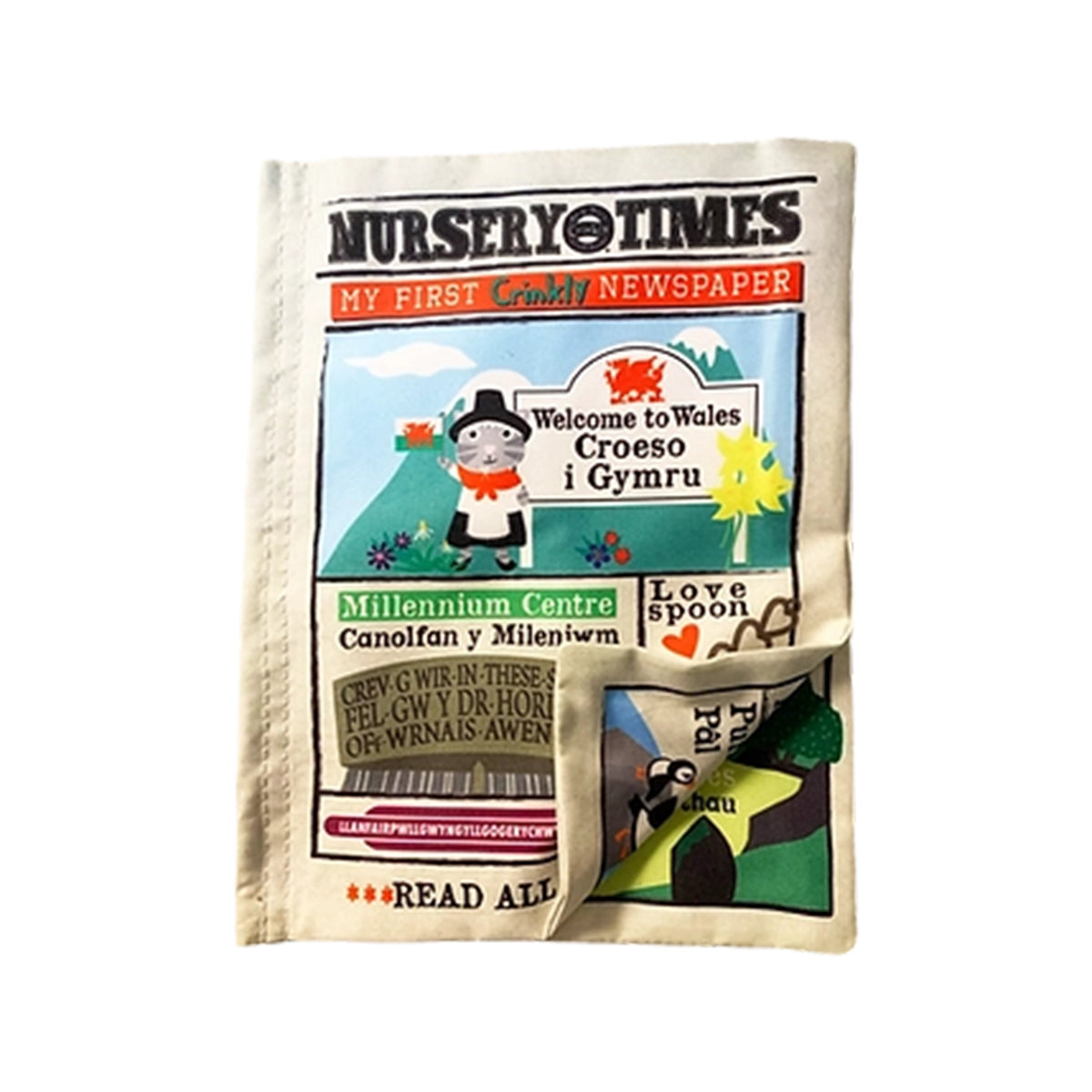 Nursery Times Crinkly Newspaper - Welcome to Wales - Jo & Nic's Crinkly Cloth Books - The Forgotten Toy Shop